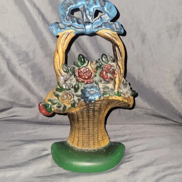 Antique Cast Iron Hubley Woven Wicker  Design Flower Basket Door Stop
