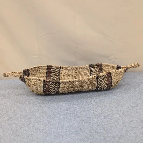 Ethiopian Handwoven Basket Boat Shaped Natural Fiber Striped Brown Tan