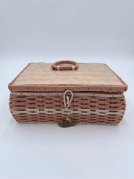 Vintage Dritz Pink Floral Woven Wicker Sewing Basket Pin Cushion W/ Supplies