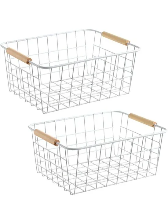 New Set of 2 White Wire Storage Baskets with Wooden Handles Pantry Organizer