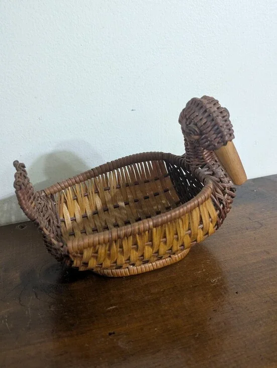 Vintage Woven Wicker Duck Basket | Rattan Boho Farmhouse Decor Cottagecore Farm