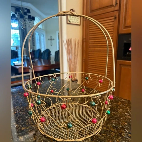 Vintage Starry Scrolled Gold Metal Basket with Vibrant Red & Green Beads