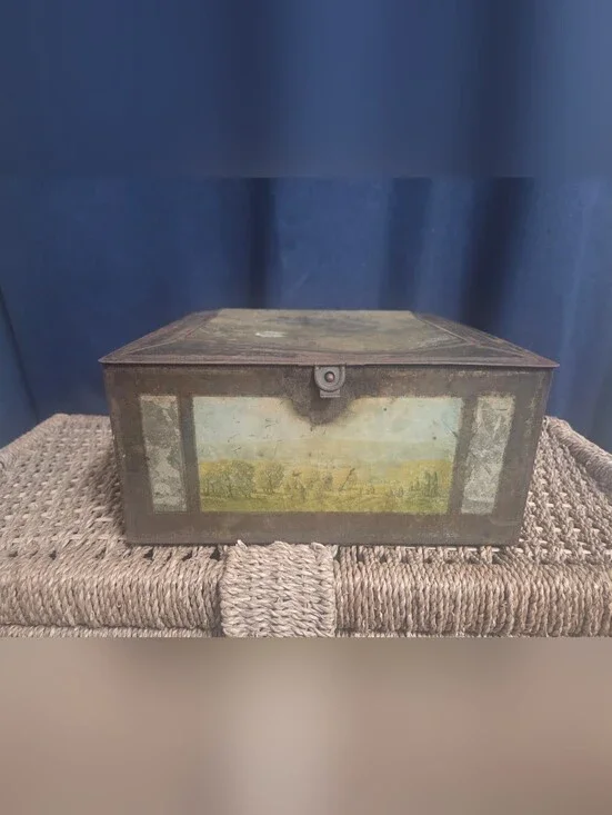 ANTIQUE COUNTRYSIDE Tin Litho Cracker Biscuit Cookie Large Hinged Lid Box BIN W