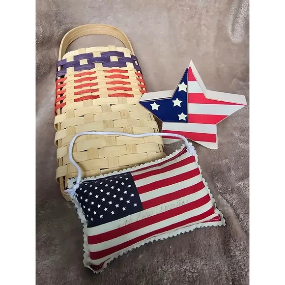 Americana Decor Bundle Woven Wall Basket Star Wood Block Flag Pillow 3pc Set