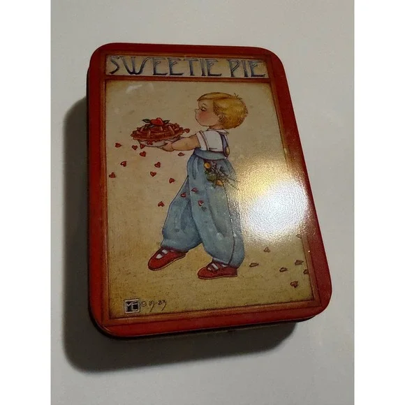 Vintage 1983 Mary Engelbreit Sweetie Pie Small Metal Storage Tin Red Box