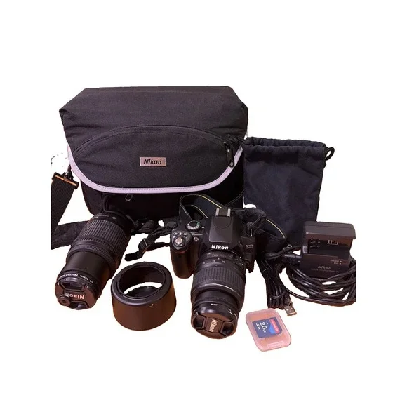 Nikon DX D40 10.2MP Digital SLR Camera Kit 18-55mm & 55-200mm Lenses Black Case