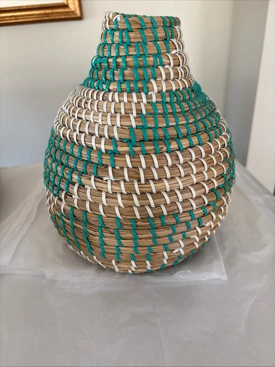 Handwoven Natural, Teal & White Decorative Basket Vase