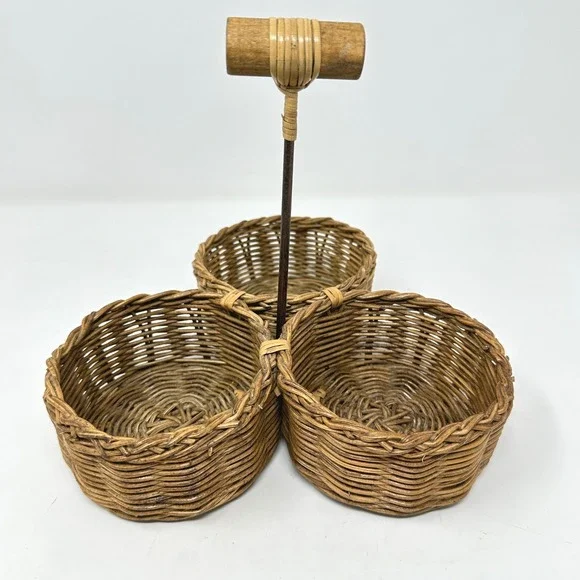 Vintage Wicker 3 Section Caddy Basket Wood Handle Brown Boho Farmhouse Cottage