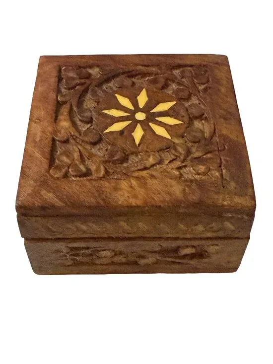 Carved Wooden Trinket Box Floral Inlay Jewelry Box Handmade Keepsake Storage Box