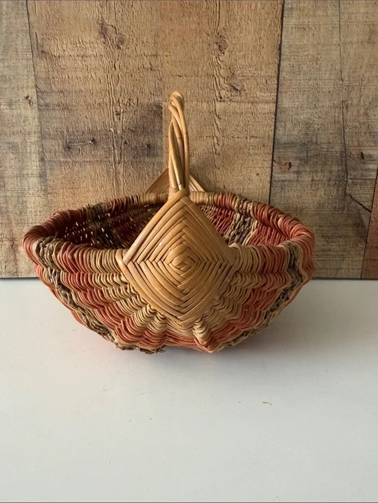 Vintage Primitive Woven Buttocks Basket with God’s Eye in Natural and Terracotta