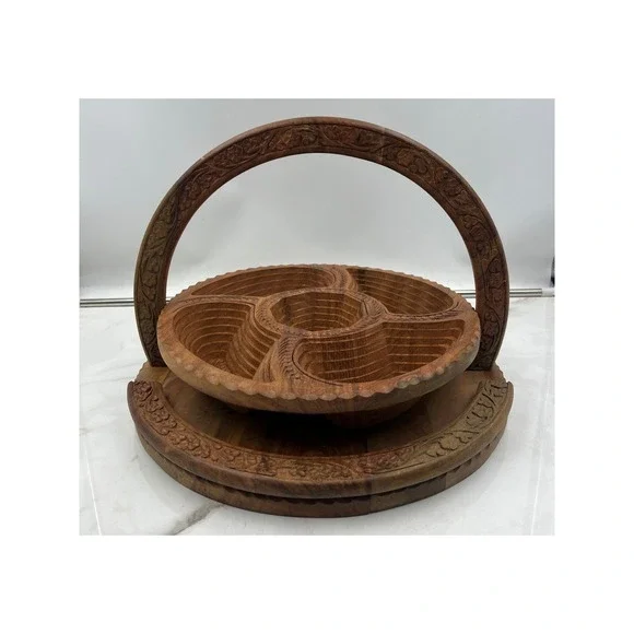 Hand Carved Collapsible Wooden Fruit Basket Spiral Design 5 Compartment Trivet