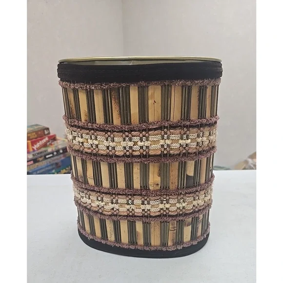 Vtg MCM Waste Can Woven‎ Wood Maria Kipp style J L Clark Orange Browns Cream USA