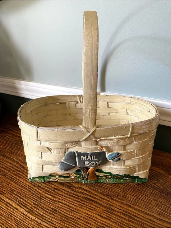 Vintage Wicker Mail Basket Raised Paint Design Mail Box Seagull Cottage Coastal