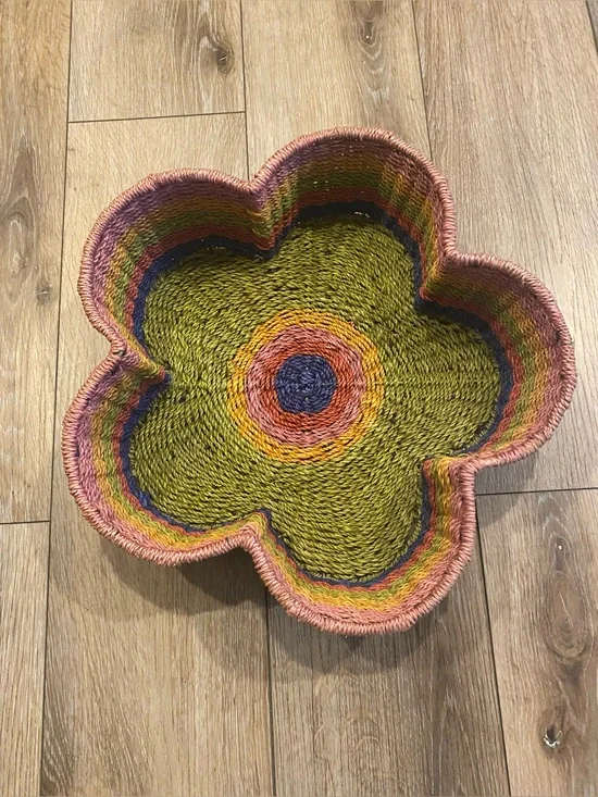 Flower Shaped Woven Basket Bowl Multicolor Rainbow Rope Decorative Storage Tray