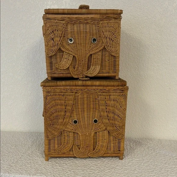 Two Adorable Vintage Elephant Design Wicker Storage Trunks/Baskets - Brown