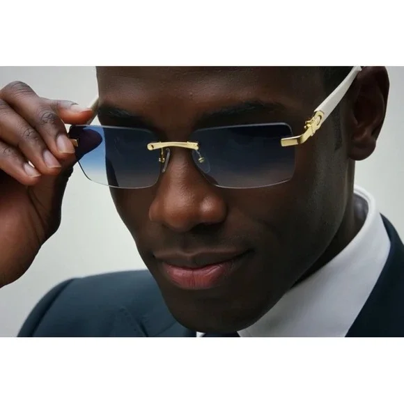 Mens Rimless Rectangle‎ Sunglasses Blue Gradient Lens Gold White C-Decor Frame