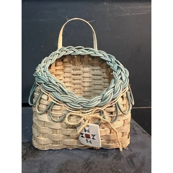Handmade Woven Wall Pocket Basket Blue Green  Ceramic‎ Star Charm Rustic Decor