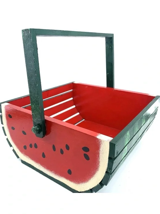 Vintage Watermelon Wooden Basket Hand Painted Summer Farmhouse Decor