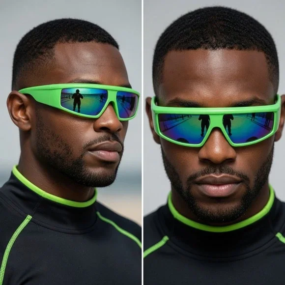 Futuristic Y2K Sunglasses Green‎ Frame Blue Mirrored Lens Sport Rave Fishing Men