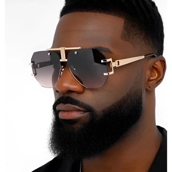 Men Designer Shades Gold Frame‎ Rimless Sunglasses Fashion Trendy Aviator Pilot