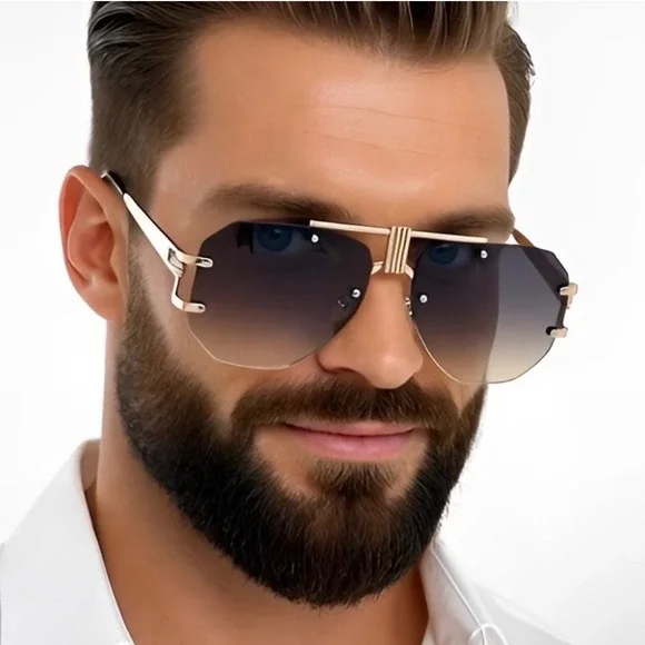 Men Brown Sunglasses Square Rimless Elegant Classy‎ Oversized Exaggerated Lentes