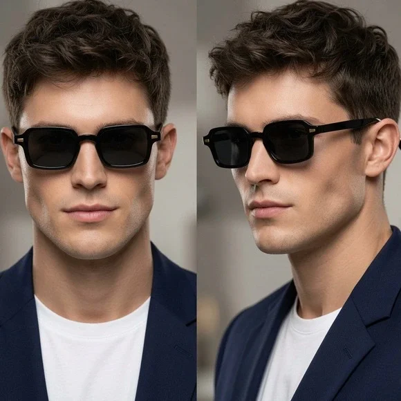 Mens Black Square Sunglasses Retro Vintage Rectangular UV400 Protection Shades