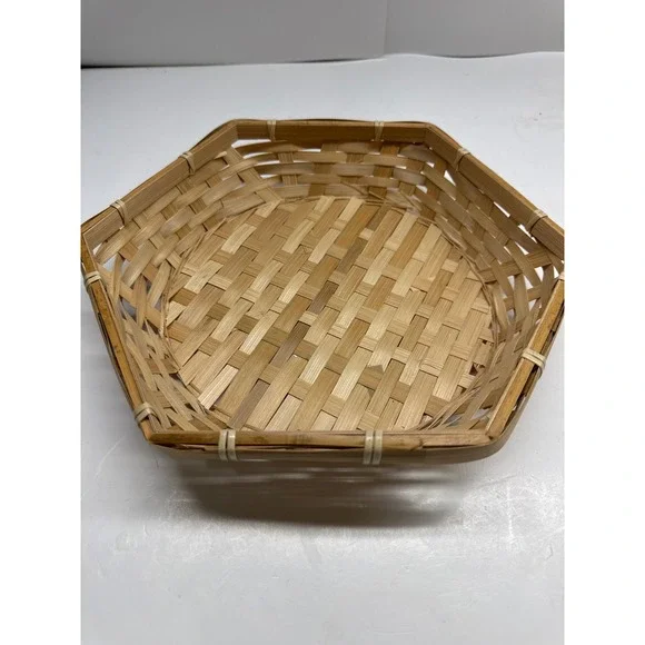 Natural Woven Bamboo Hexagon Basket Shallow Tray Boho Decor 10 Inch