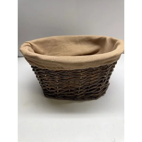 Dark Brown Wicker Storage Basket with Removable Tan Fabric Liner Oval Handwoven