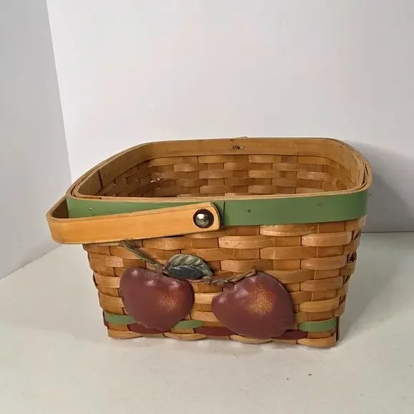 Woven Basket Apple Design Wooden Handle Farmhouse Decor