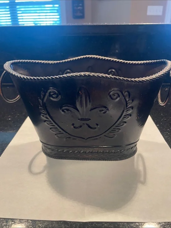 Decorative Black Fleur-de-Lis Metal Planter with Handles