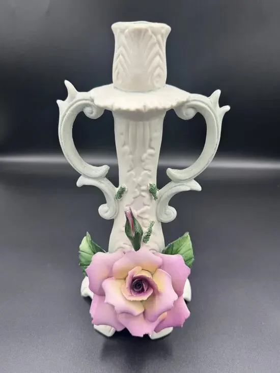 Vintage Capodimonte Italy Porcelain Floral Candle Holder Pink Roses 10”