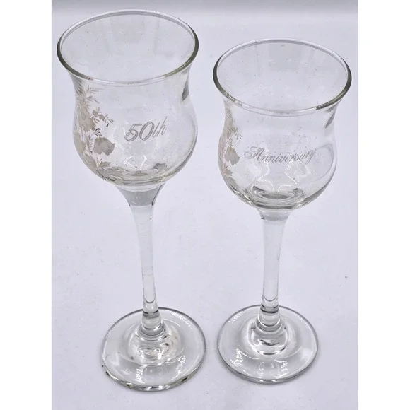 50th Anniversary Etched Votive Candle Long Stem Pair Floral Gold Tone Vintage