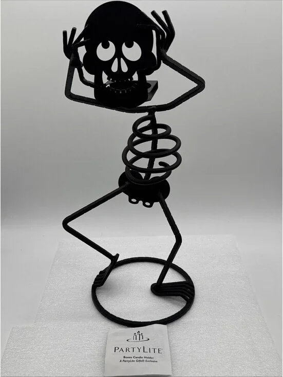 Vintage PartyLite Mr Bones Skeleton 15.25” Black Wrought Iron Votive Holder