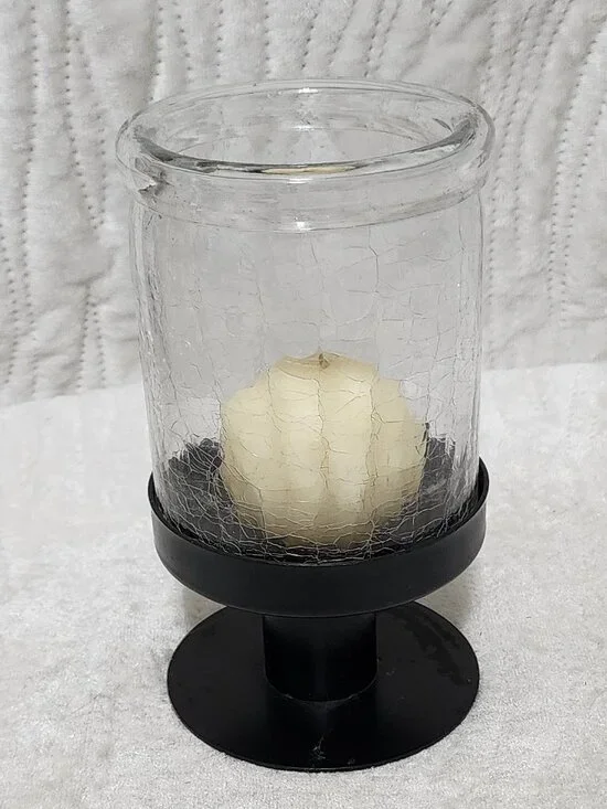 Hurricane Candle Holder With Round Candle.  Metal Base, Thick Glass Cover.
