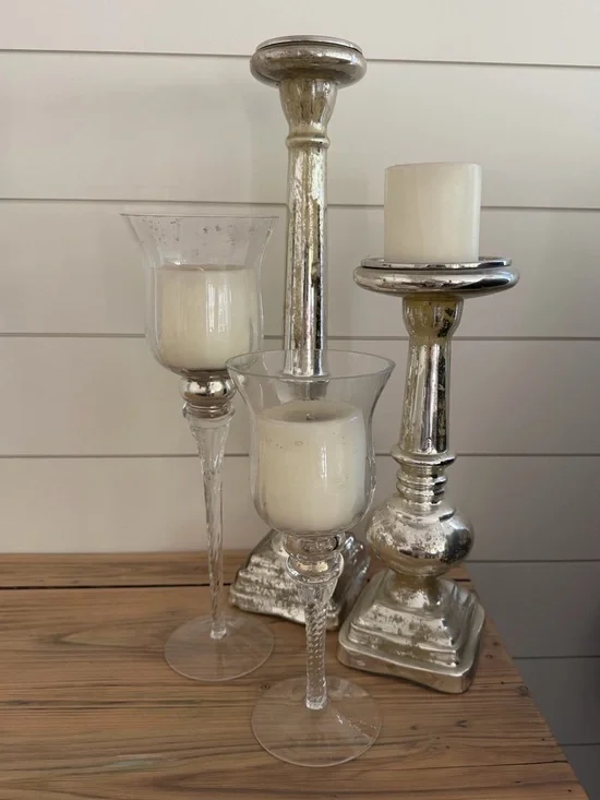Mercury Glass and Clear Glass Candle Holder Trio - Silver and Clear