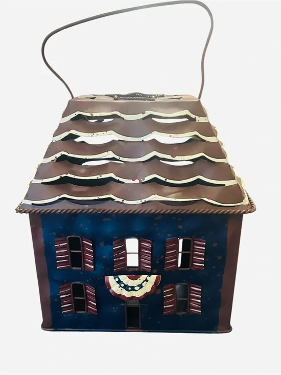 primitive-style blue and brown metal house candle lantern 7X5.5”