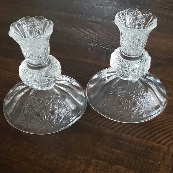 Vintage Fenton Daisy and Button Clear Glass Candle Holders (set of 2)