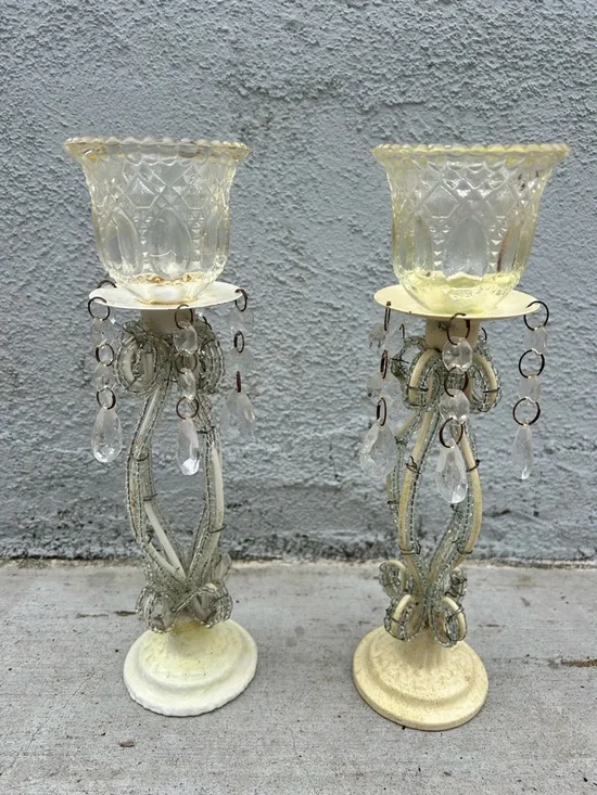 Vintage Pair Crystal Prism Candle Holders Pressed Glass Votive Cups Shabby Chic