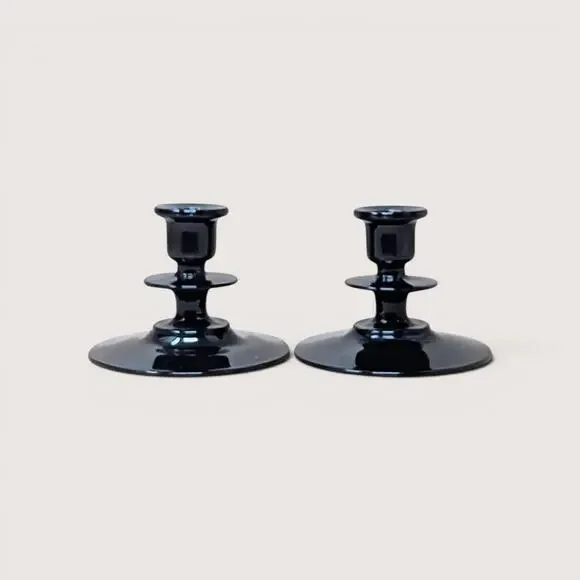 1940s Black Amethyst Glass Candle Holders Pair