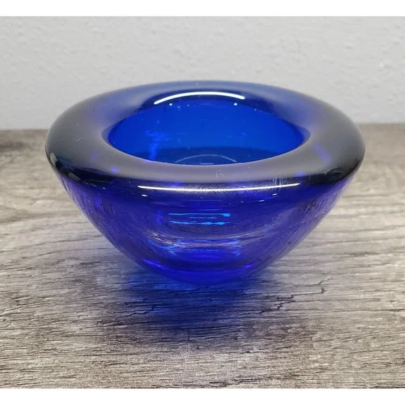 Vintage Kosta Boda Art Glass Votive Heavy Candle Holder Cobalt Blue 4