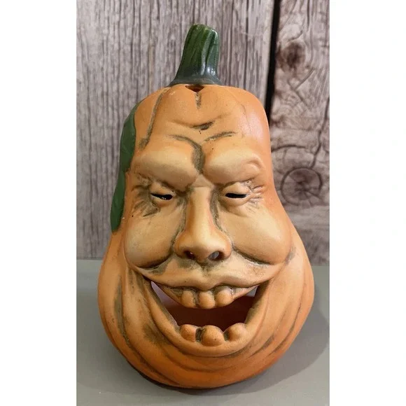 Vintage Halloween Ugly Face Pumpkin Jack o Lantern Votive Candle Holder Enesco