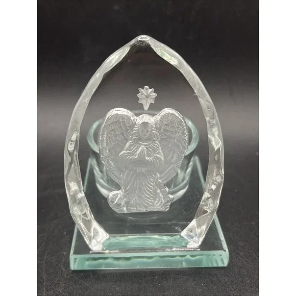 Angel Glass Candle Holder Paperweight Tea Light Etched‎ Engraved Prayer Vintage
