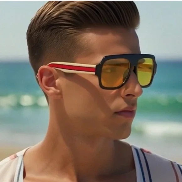 Sunglasses Yellow Lens Black Frame‎ Striped Arm Fashion Sun Glasses Lentes Gafas