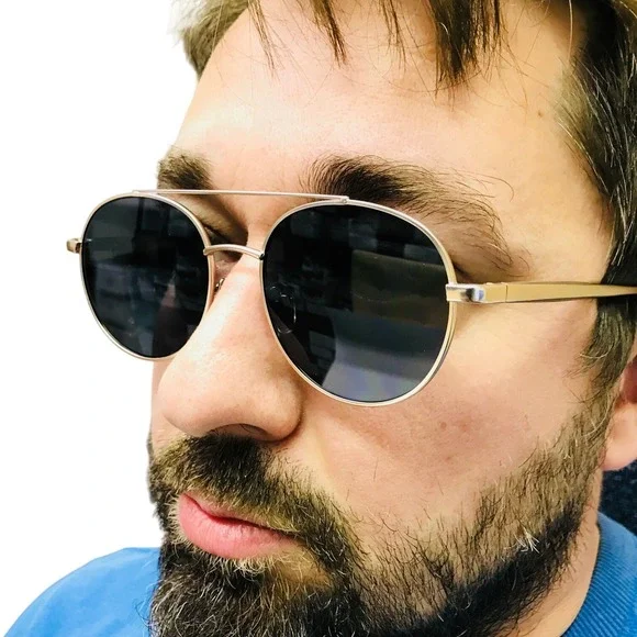 Round Sunglasses for Men Gold‎ Frame Pilot Style Fashion Shades Dark Black Lens