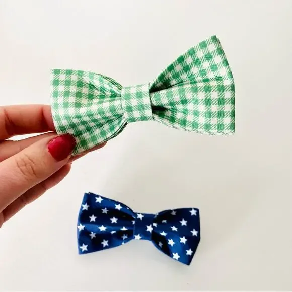 NEW HANDMADE Green White Plaid Navy Blue Star Dog Cat Pet Collar Elastic Bow Tie