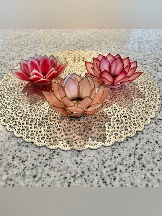 🪷Vintage Capiz Shell Lotus Flower Tealight Candle Holders Set of 3