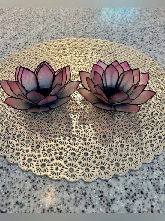 🪷Vintage Pink Capiz Shell Lotus Flower Tealight Candle Holders Set of 2