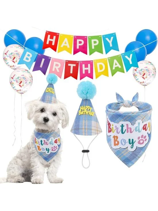 Puppy Birthday Bandana & Hat Set, Party Supplies with Banner & Balloons for Dogs