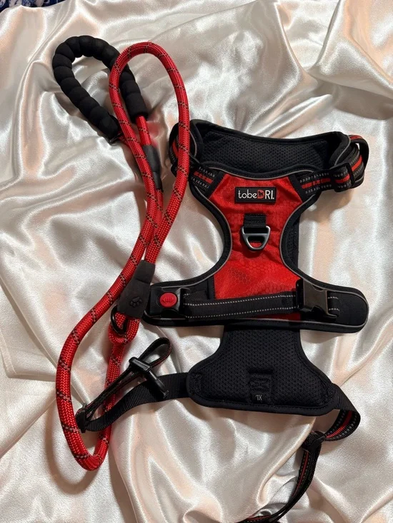 tobeDRI No Pull Dog Harness & Rope Leash Set XL Red Black