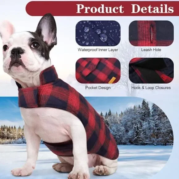Kouser British Style Red Plaid Winter Dog Coat Jacket Reversible Size L NEW